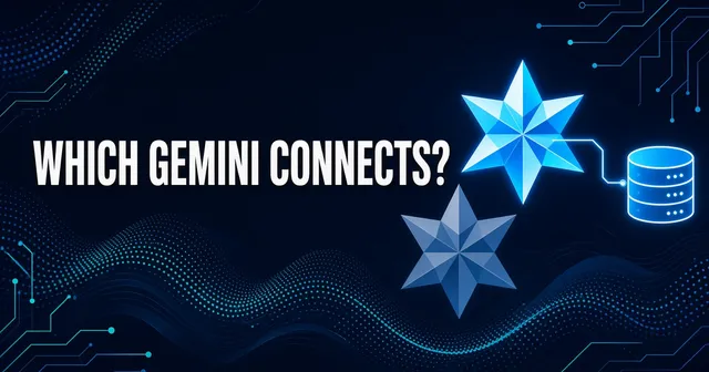 Flat vector header of two Gemini-like nodes, one connected to a database, with the headline Which Gemini Connects?
