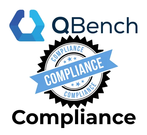 QBench logo above a compliance seal, labeled Compliance