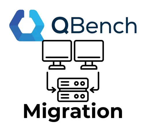 QBench logo above two monitors feeding a server, labeled Migration