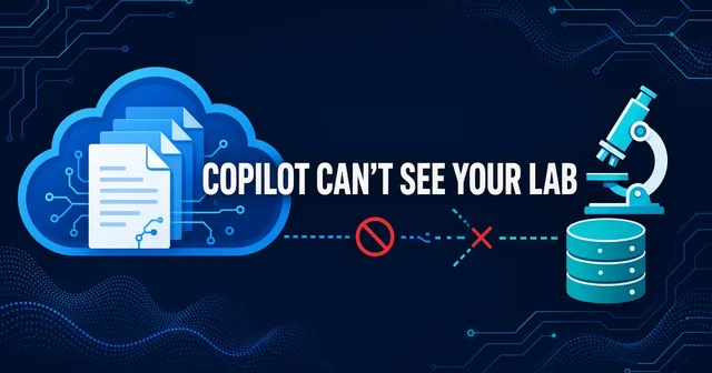 Flat vector header of documents disconnected from a lab database with the headline Copilot Can't See Your Lab