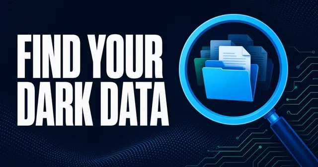 Flat vector header with a magnifying glass over hidden files and the headline Find Your Dark Data